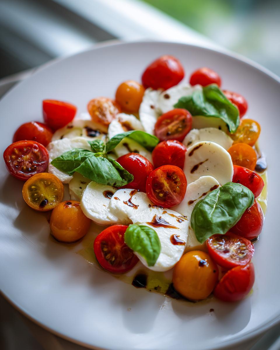 Heart-shaped Caprese Salad with mozzarella, tomatoes, and basil. The Heart‑Shaped Caprese Salad is drizzled with balsamic glaze.