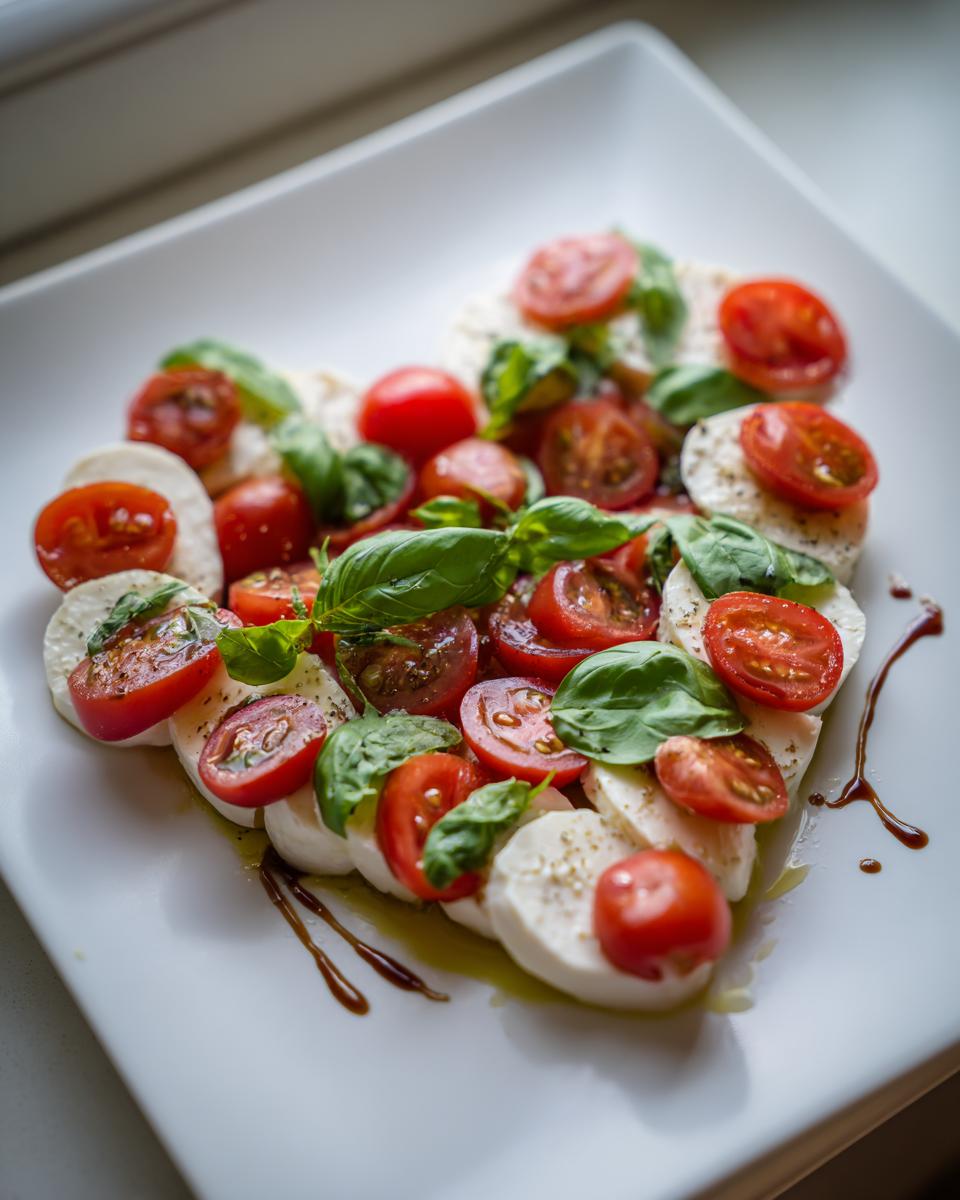 A beautiful Heart-Shaped Caprese Salad made with mozzarella, tomatoes, and basil, arranged on a white plate.