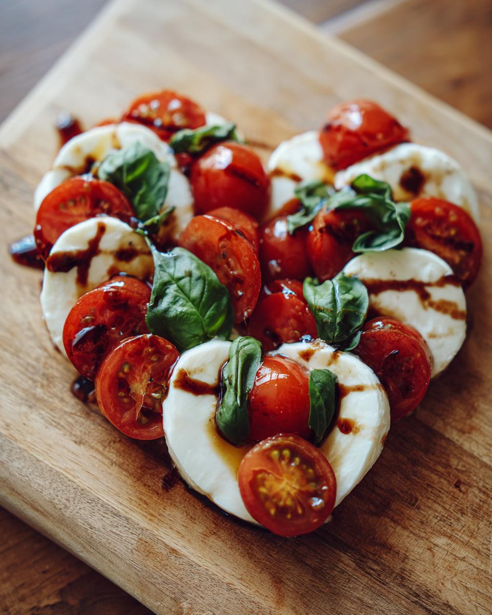 Heart-shaped Caprese Salad made with tomatoes, mozzarella, basil, and balsamic glaze. Perfect Heart‑Shaped Caprese Salad.