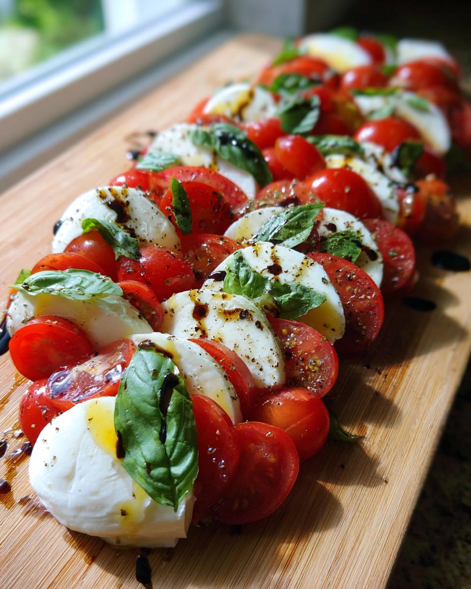 Heart‑Shaped Caprese Salad with tomatoes, mozzarella, basil, and balsamic glaze on a wooden board.