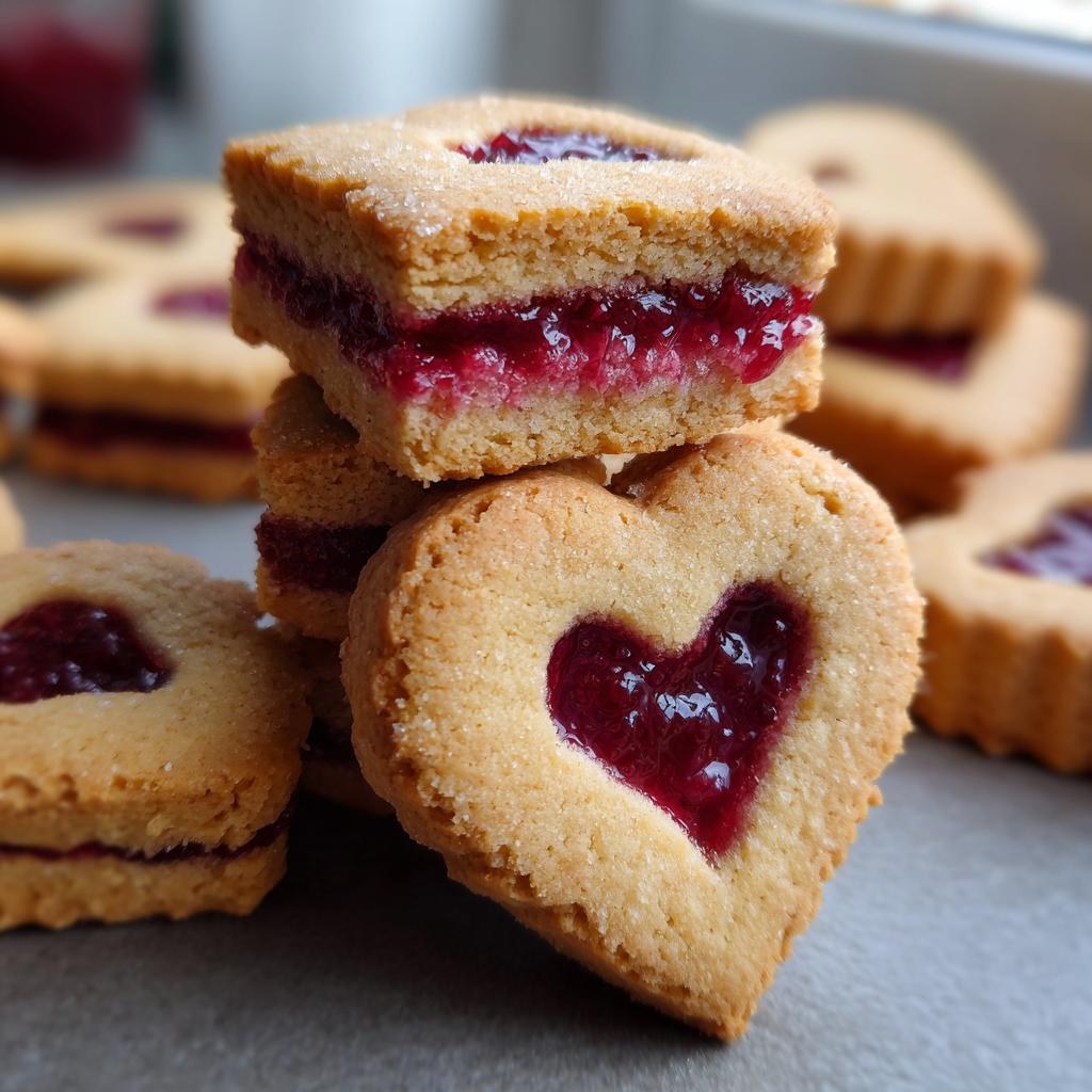 Close-up of heart-shaped Linzer cookies filled with jam, the perfect treat.