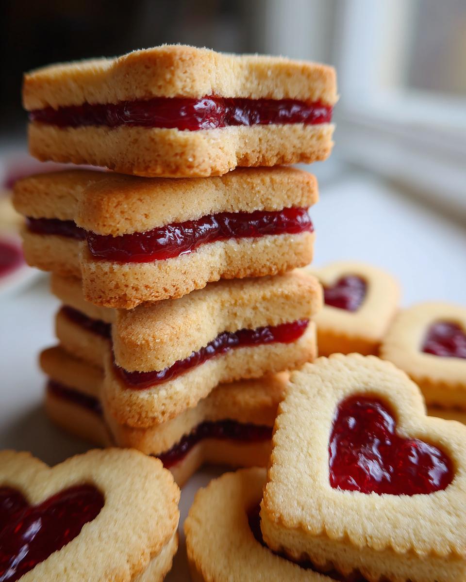 Stack of delicious heart-shaped Linzer cookies filled with jam, perfect for a quick treat. Includes the primary keyword: Heart-Shaped Linzer Cookies.
