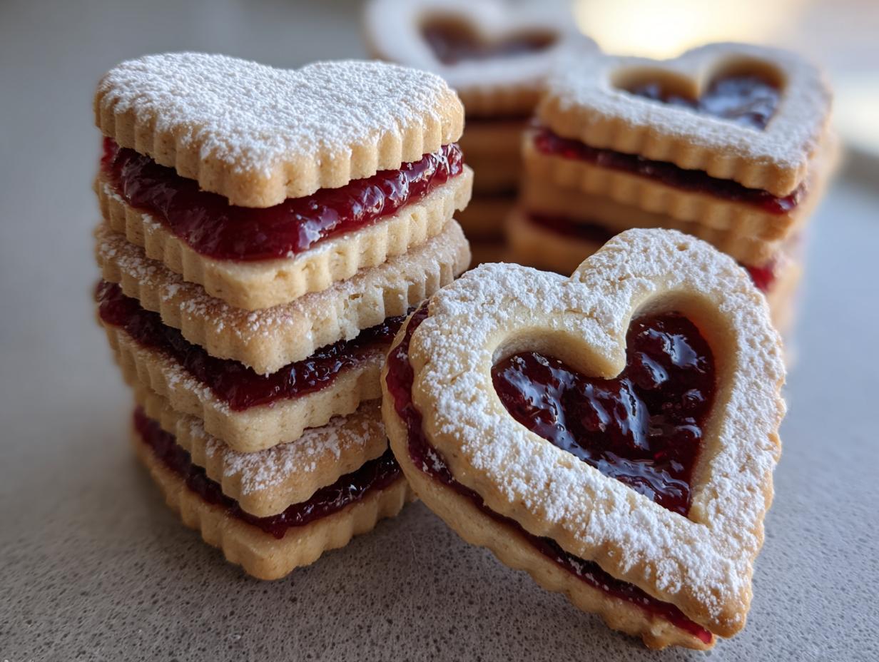Close-up of a stack of Heart-Shaped Linzer Cookies filled with jam and dusted with powdered sugar.