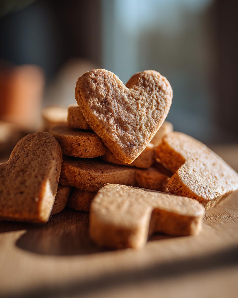 Close-up of a stack of heart‑shaped peanut butter dog biscuits on a wooden surface.