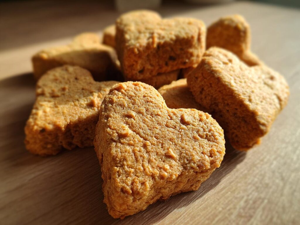 Close-up of a pile of heart‑shaped peanut butter dog biscuits on a wooden surface.