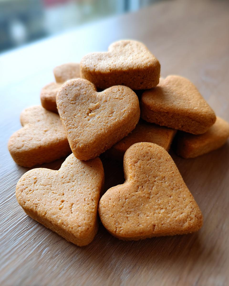 Close-up of a pile of heart‑shaped peanut butter dog biscuits on a wooden surface.