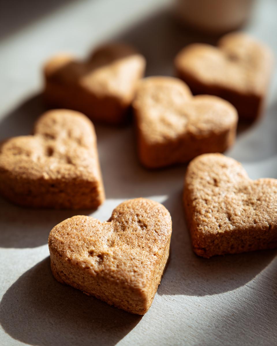 Close-up of heart-shaped peanut butter dog biscuits, perfect treats for your furry friend.