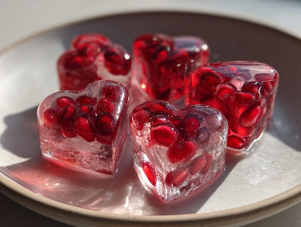 Close-up of heart-shaped pomegranate ice cubes on a plate, perfect for drinks.