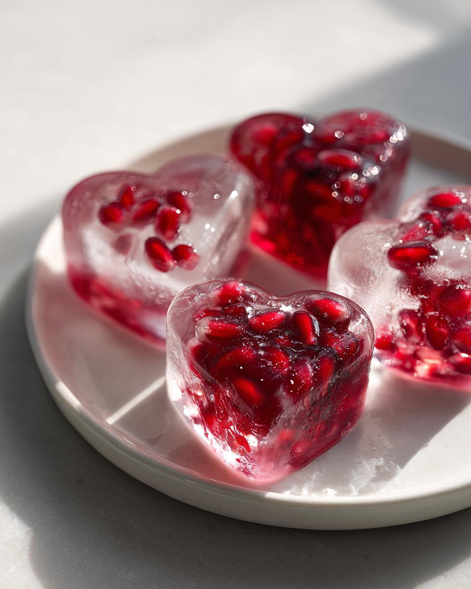 Close-up of heart-shaped pomegranate ice cubes on a white plate, perfect for drinks.