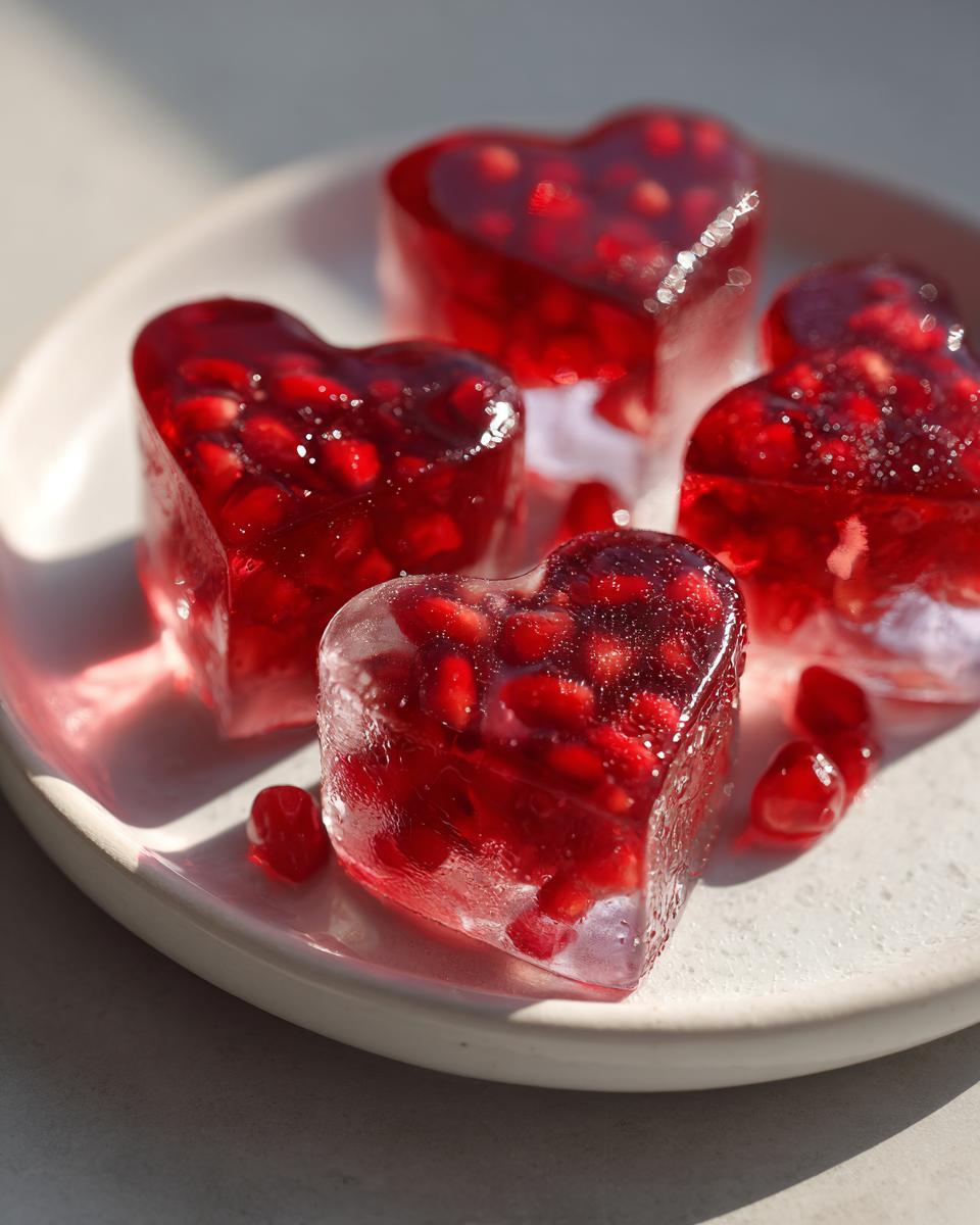 Close-up of heart-shaped pomegranate ice cubes on a white plate, perfect for drinks.