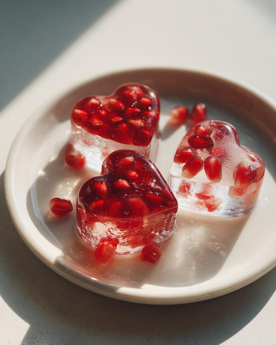 Three heart-shaped pomegranate ice cubes on a white plate, perfect for drinks. Featuring the Heart‑Shaped Pomegranate Ice Cubes.