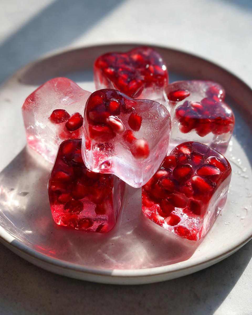 Close-up of heart-shaped pomegranate ice cubes on a white plate, perfect for drinks.