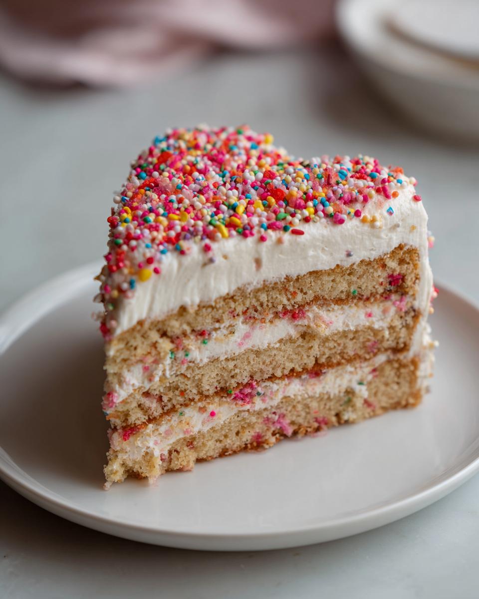 A slice of Heart‑Shaped Sugar Cookie Cake with frosting and sprinkles on a white plate.