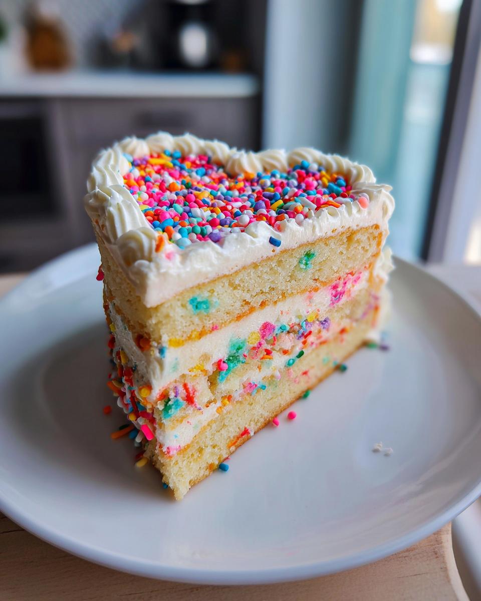 Close-up of a slice of Heart‑Shaped Sugar Cookie Cake with sprinkles and frosting on a white plate.