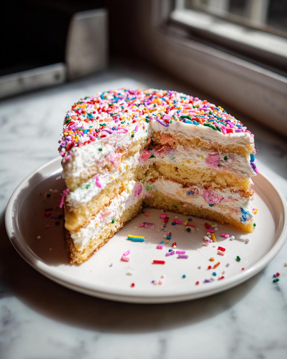 A slice of a Heart‑Shaped Sugar Cookie Cake, showing layers of cake, frosting, and sprinkles.