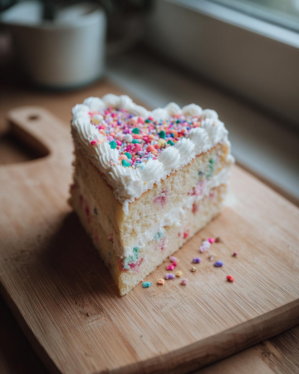 A slice of Heart-Shaped Sugar Cookie Cake on a wooden board, decorated with sprinkles and frosting.