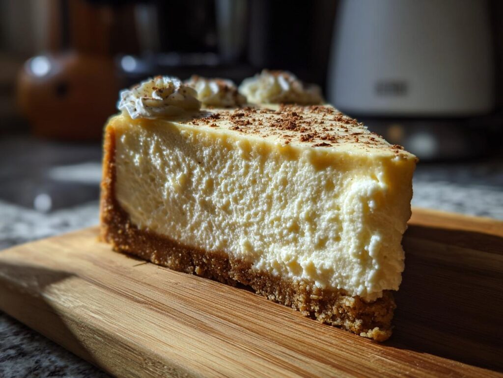 Close-up of a slice of Irish Cream Cheesecake on a wooden board, topped with whipped cream and cocoa.
