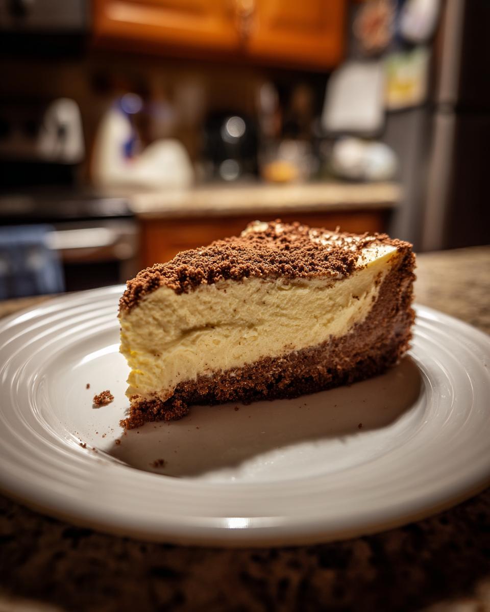 A single slice of Irish Cream Cheesecake on a white plate, showing layers of the dessert.