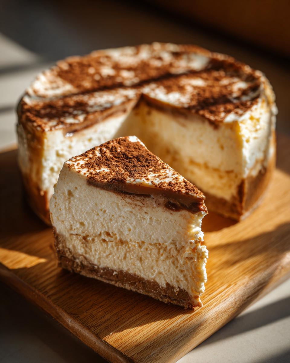 A slice of Irish Cream Cheesecake on a wooden board, showing the layers and texture.