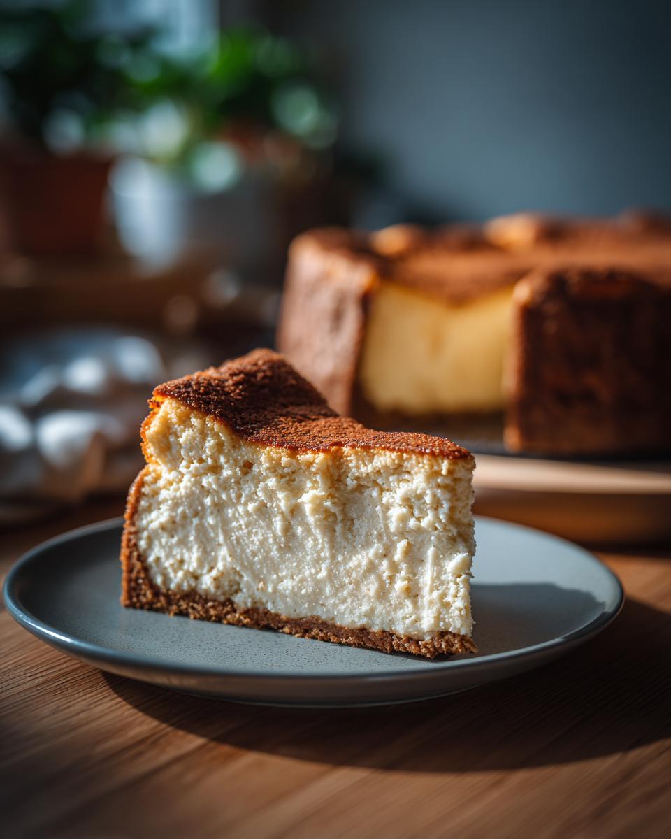 A slice of Irish Cream Cheesecake on a plate, with the whole cheesecake in the background.