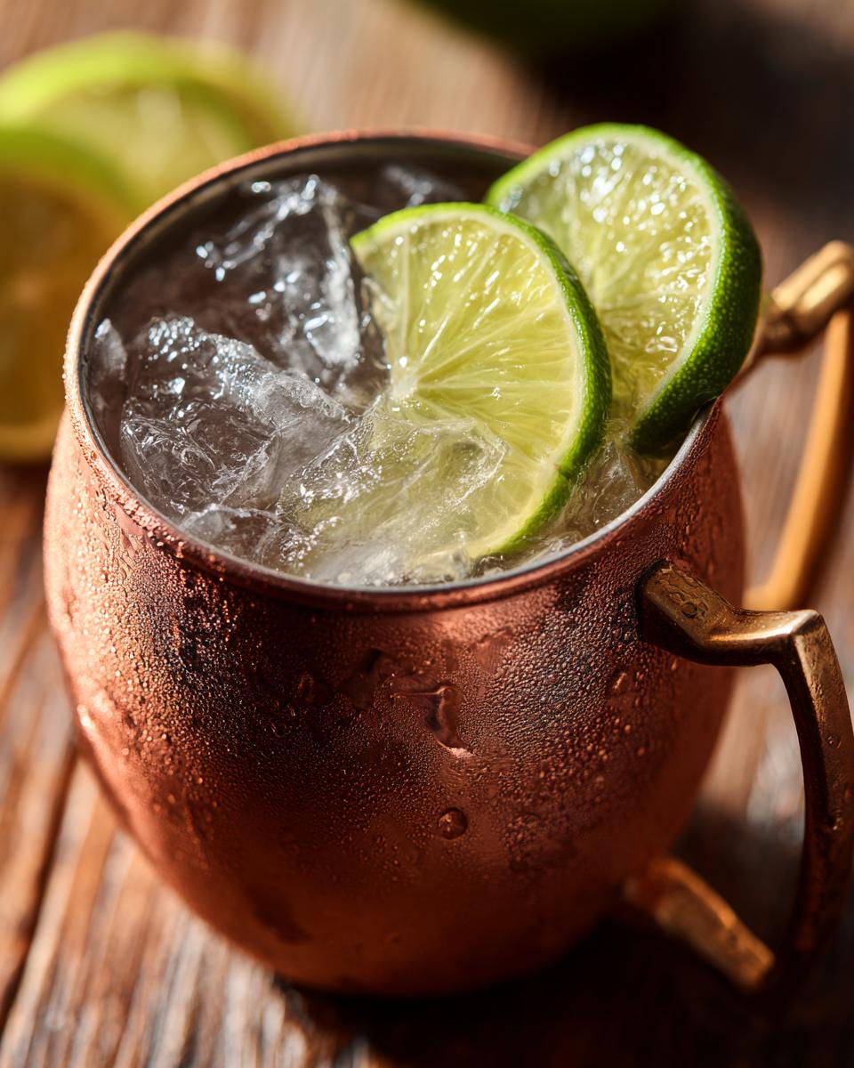 Close-up of an Irish Mule cocktail in a copper mug, garnished with lime slices and ice.