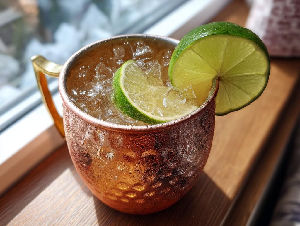 Close-up of an Irish Mule (Whiskey Moscow Mule) in a copper mug with lime garnish and ice.