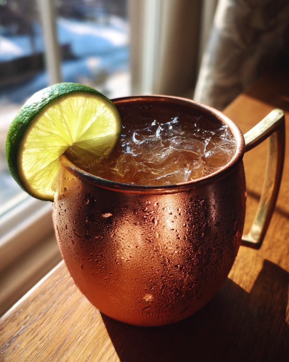 Close-up of an Irish Mule (Whiskey Moscow Mule) in a copper mug with a lime garnish.