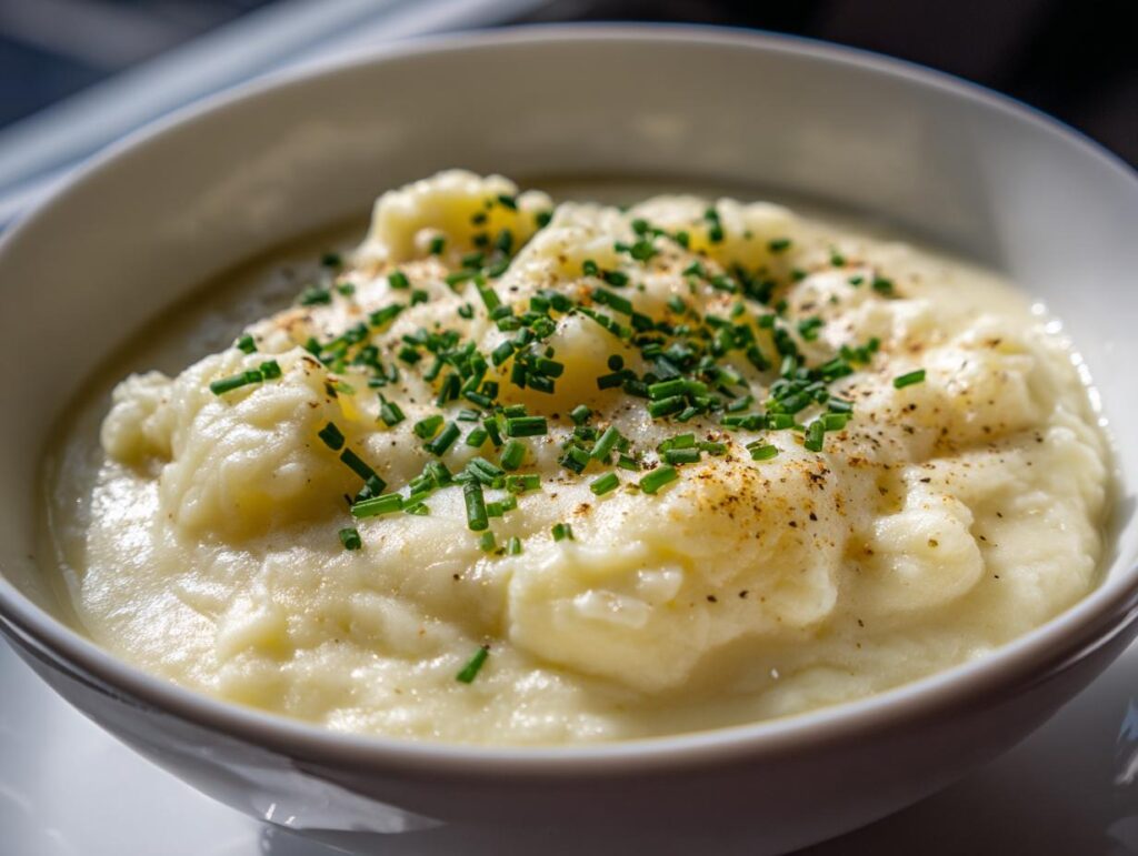 Close-up of a bowl of creamy Irish Potato and Leek Soup, garnished with chives.