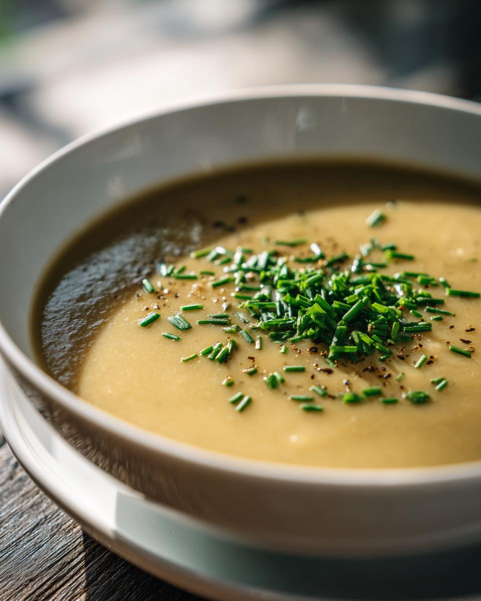 Close-up of a bowl of creamy Irish Potato and Leek Soup, garnished with fresh chives.