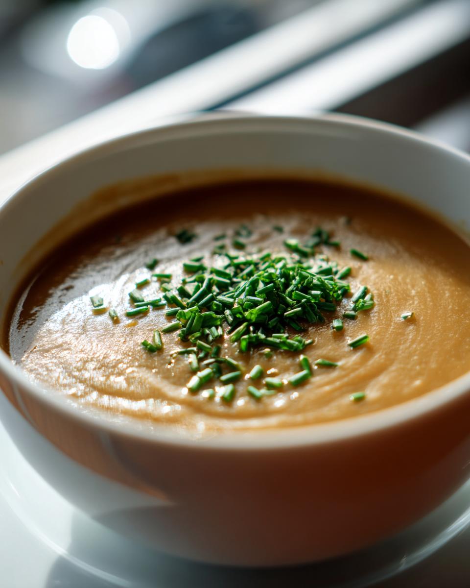Close-up of a bowl of creamy Irish Potato and Leek Soup, garnished with fresh chives.