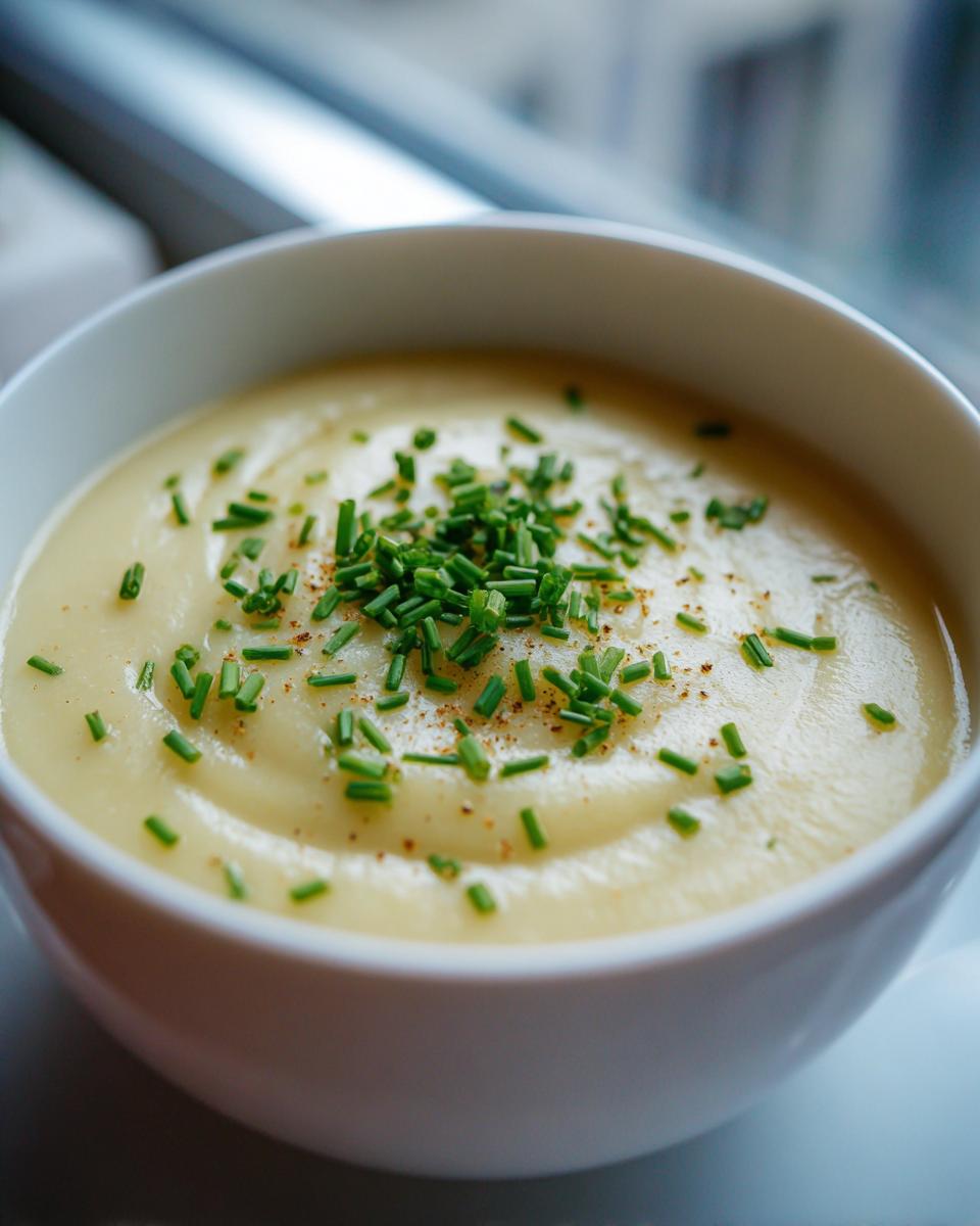 Close-up of a bowl of creamy Irish Potato and Leek Soup, garnished with fresh chives.