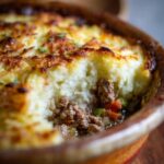 Close-up of a freshly baked Irish Shepherd's Pie with mashed potatoes and meat filling.