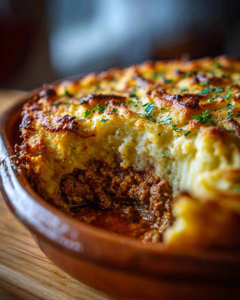 Close-up of a freshly baked Irish Shepherd's Pie with a portion removed, showing the meat filling and mashed potato topping.