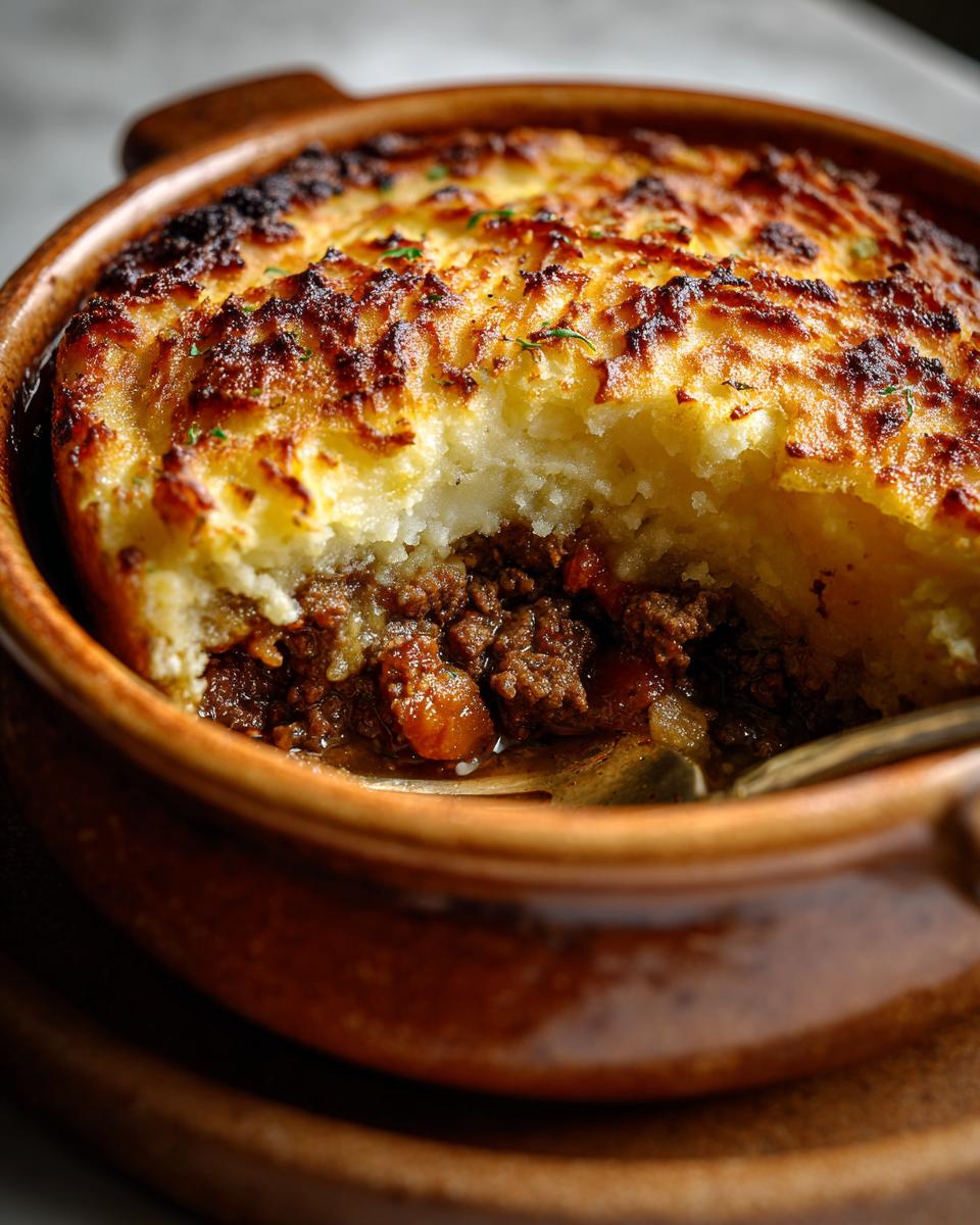 Close-up of a freshly baked Irish Shepherd's Pie with a golden mashed potato topping.