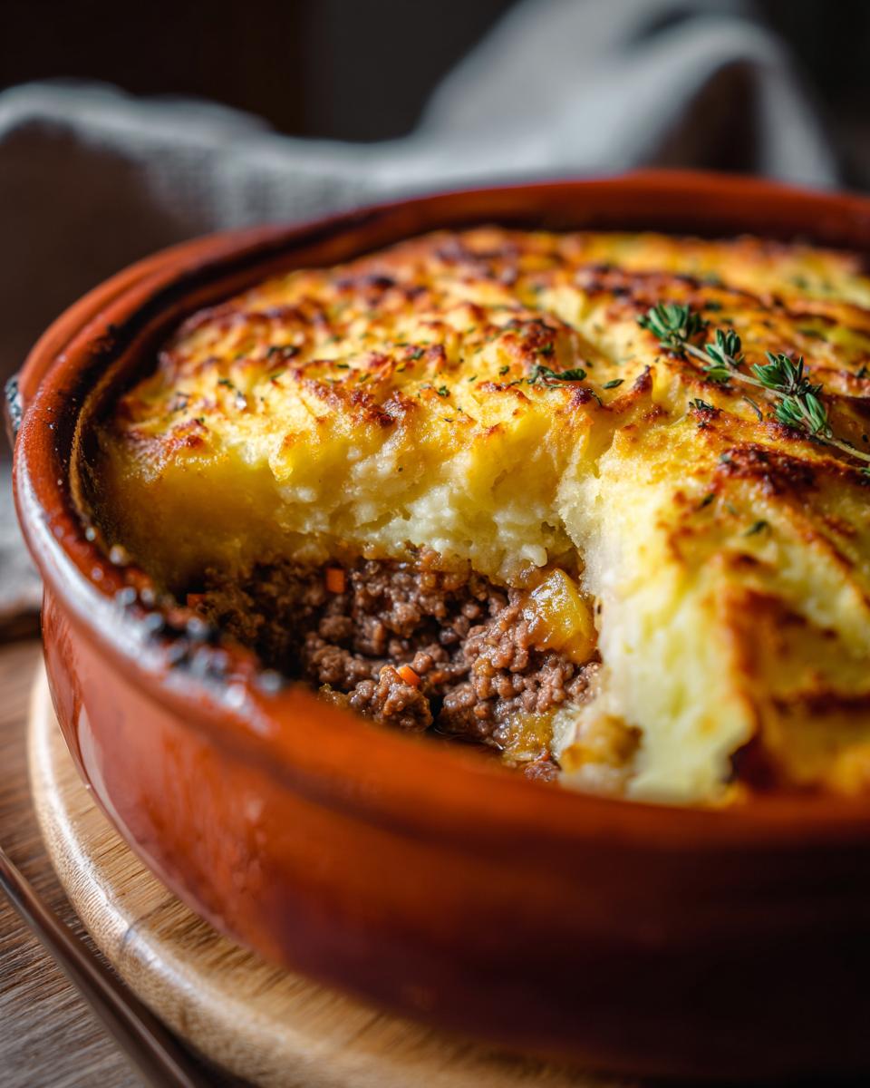 Close-up of a delicious Irish Shepherd's Pie with Mashed Potatoes, showing the meat filling and mashed potato topping.