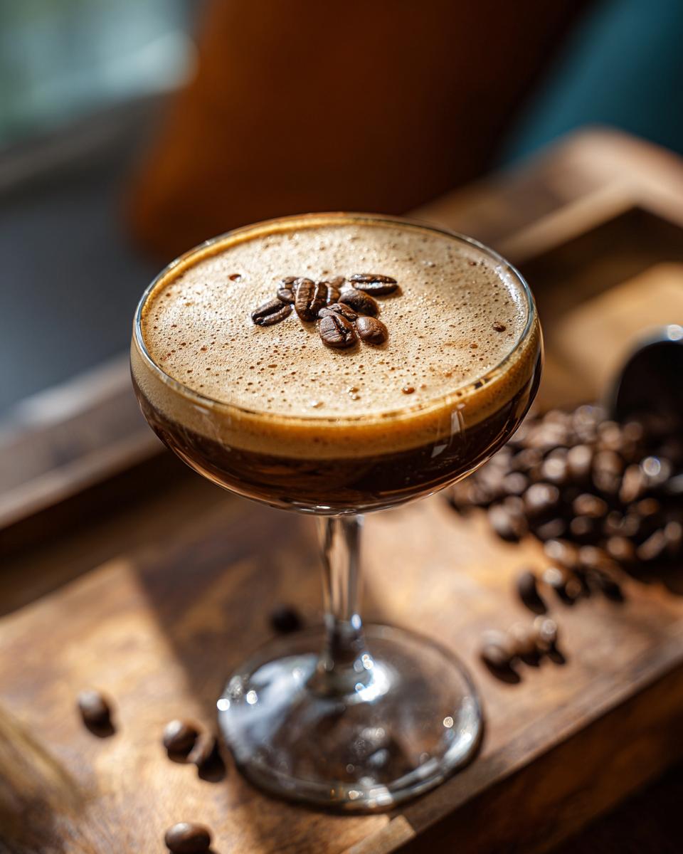Close-up of an Irish Whiskey Espresso Martini garnished with coffee beans on a wooden tray.