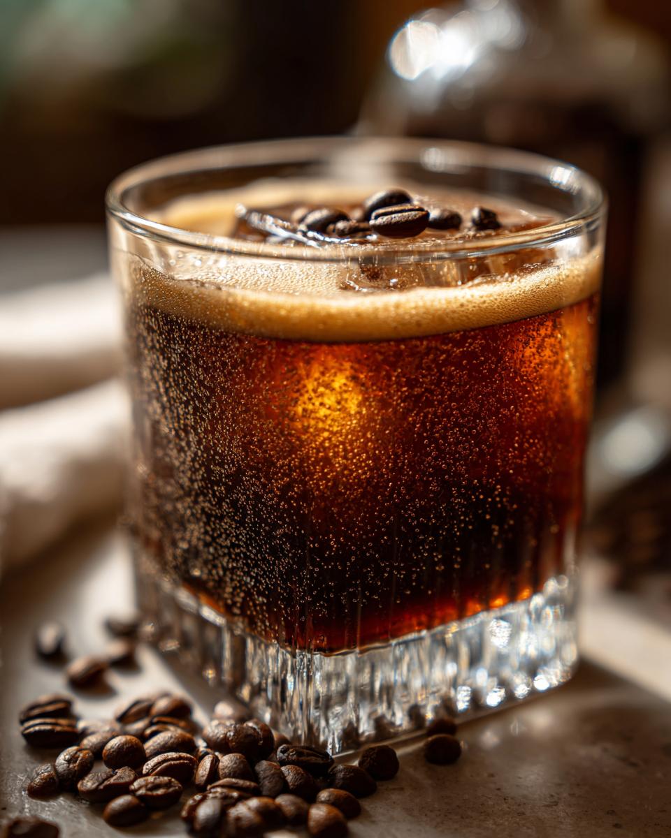 Close-up of an Irish Whiskey Espresso Martini in a glass, garnished with coffee beans.