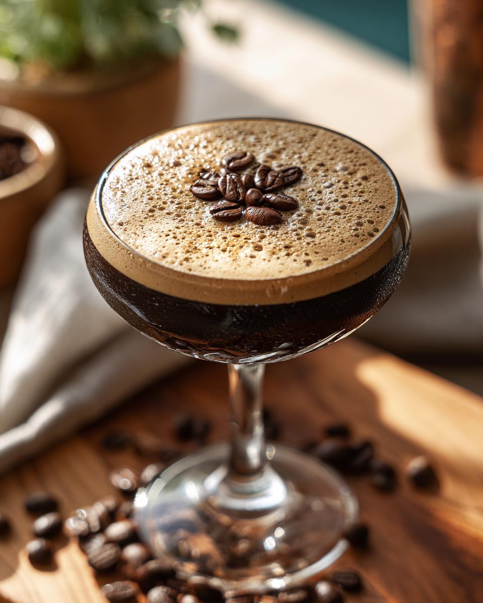 Close-up of an Irish Whiskey Espresso Martini garnished with coffee beans.