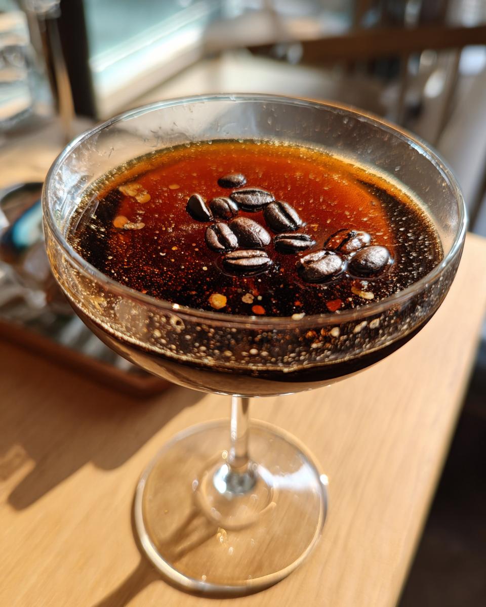 Close-up of an Irish Whiskey Espresso Martini in a stemmed glass, garnished with coffee beans.