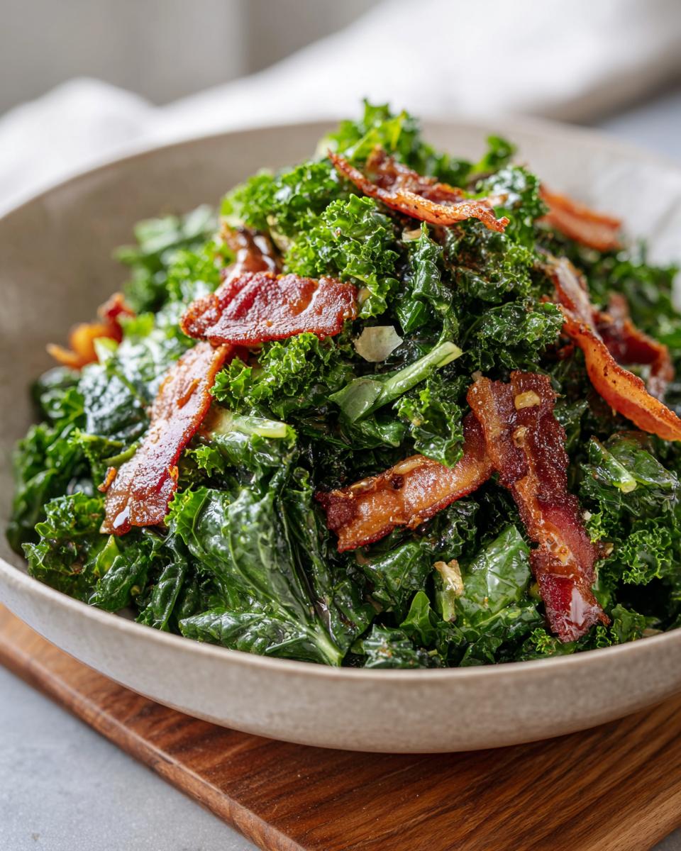 Close-up of a bowl of Kale and Bacon Salad, with crispy bacon and fresh kale.
