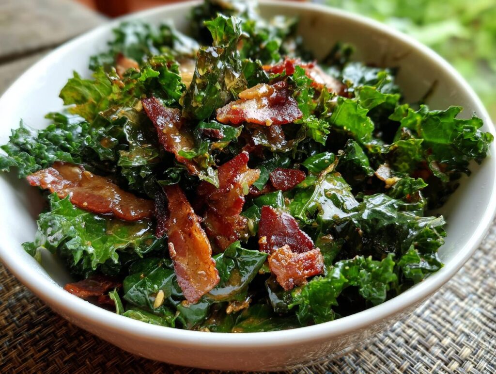 Close-up of a bowl of fresh Kale and Bacon Salad, with crispy bacon and a light dressing.