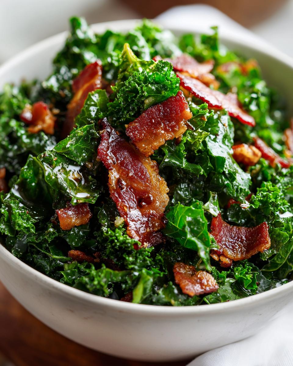Close-up of a bowl of delicious Kale and Bacon Salad, a quick and easy recipe.