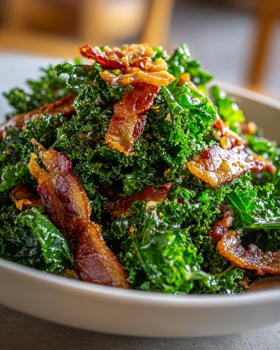 Close-up of a vibrant Kale and Bacon Salad in a white bowl, showing crispy bacon and fresh kale.