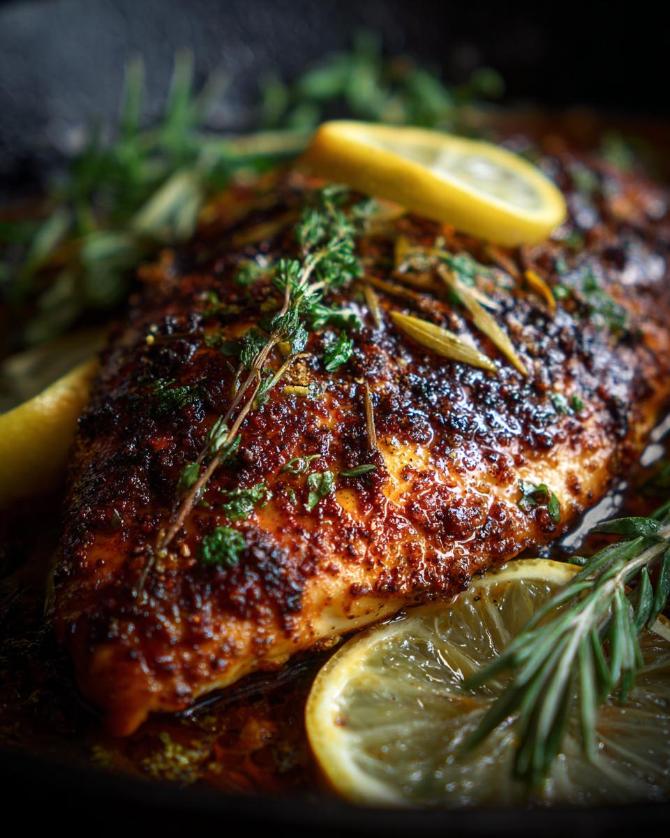 Close-up of a Lemon Herb Roasted Chicken, garnished with lemon slices and fresh herbs.