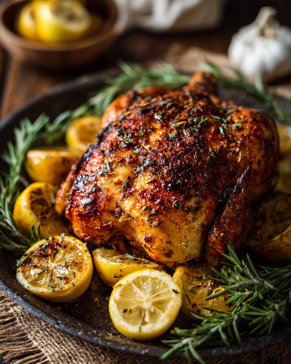 Whole Lemon Herb Roasted Chicken with roasted lemons and rosemary sprigs on a plate.