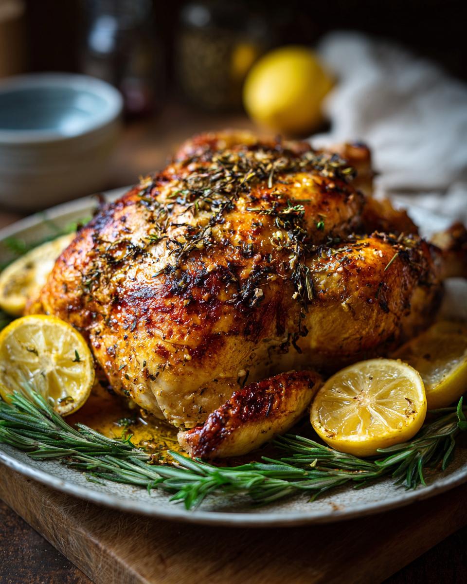 Whole Lemon Herb Roasted Chicken on a plate with lemon slices and rosemary.