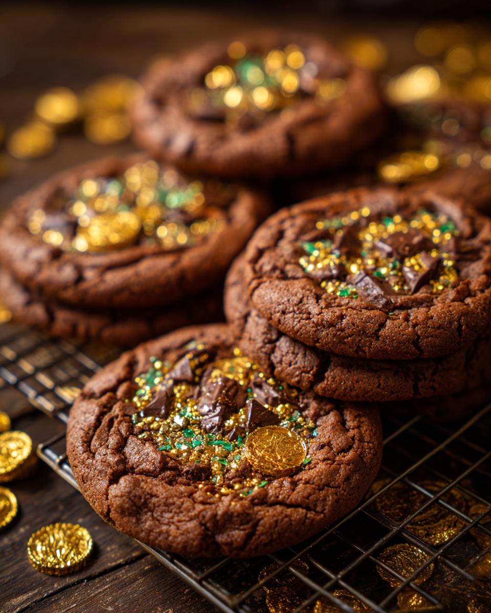 Close-up of Leprechaun Gold Chocolate Coins Cookies, decorated with gold sprinkles and chocolate.