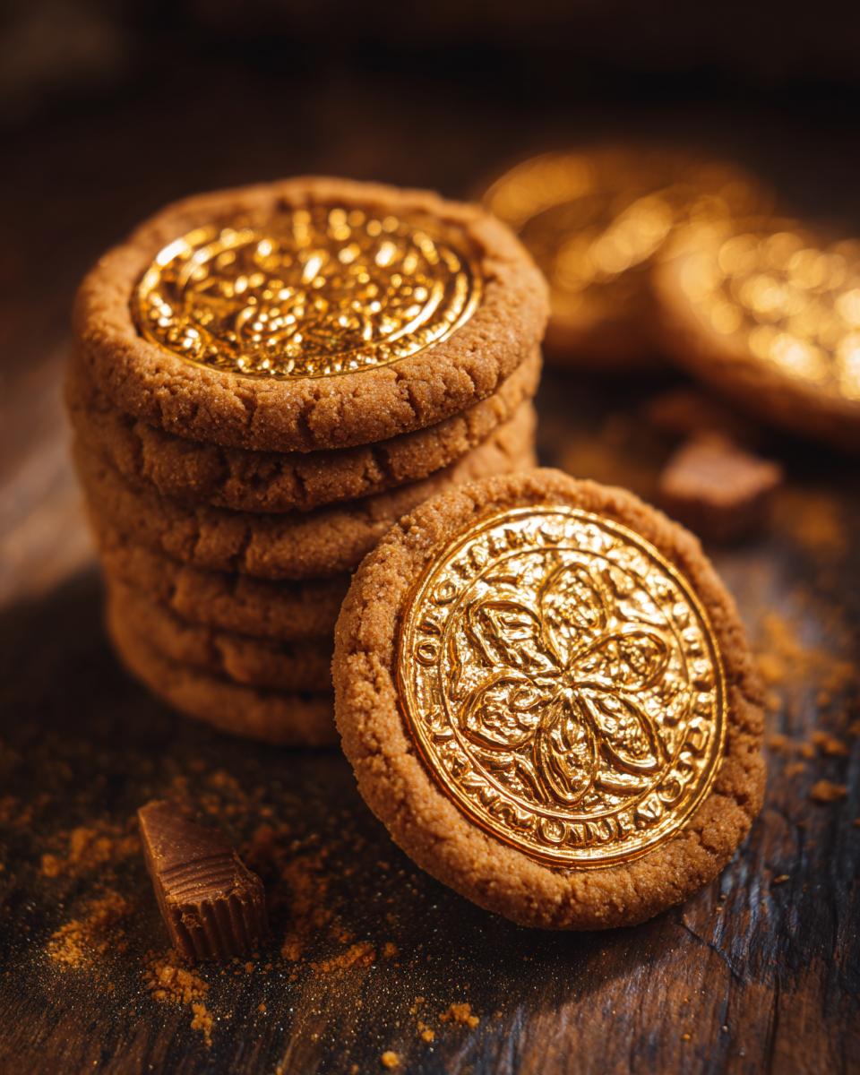 Close-up of a stack of Leprechaun Gold Chocolate Coins Cookies with a golden coin design.