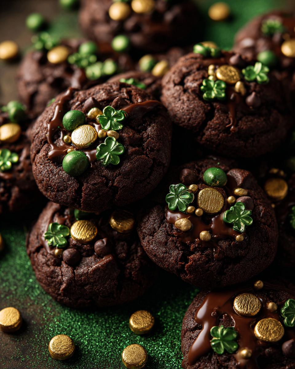 Close-up of Leprechaun Gold Chocolate Coins Cookies, decorated with gold coins and shamrocks.