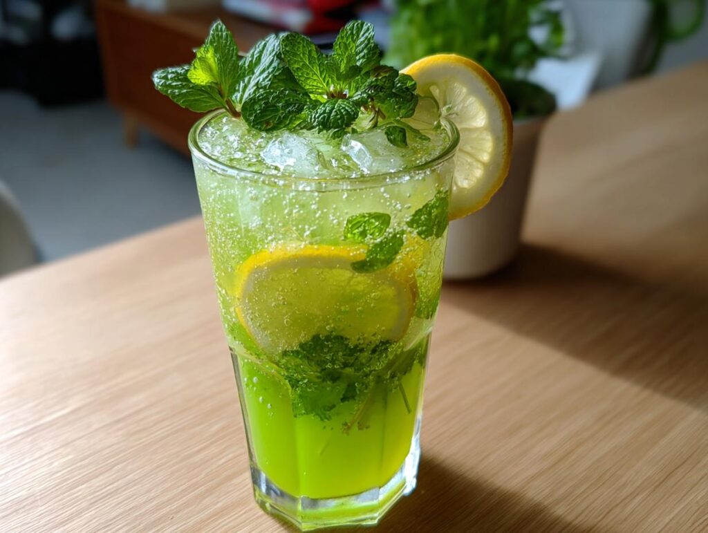 A tall glass of Leprechaun Lemonade with Mint, garnished with lemon and fresh mint.